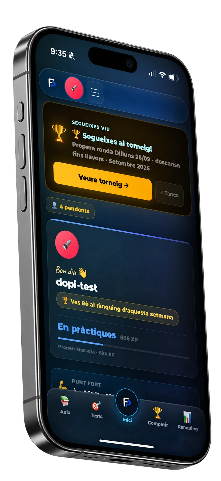 Panell d'inici de l'app de Futurs Policies amb XP, ratxa i rànquing setmanal