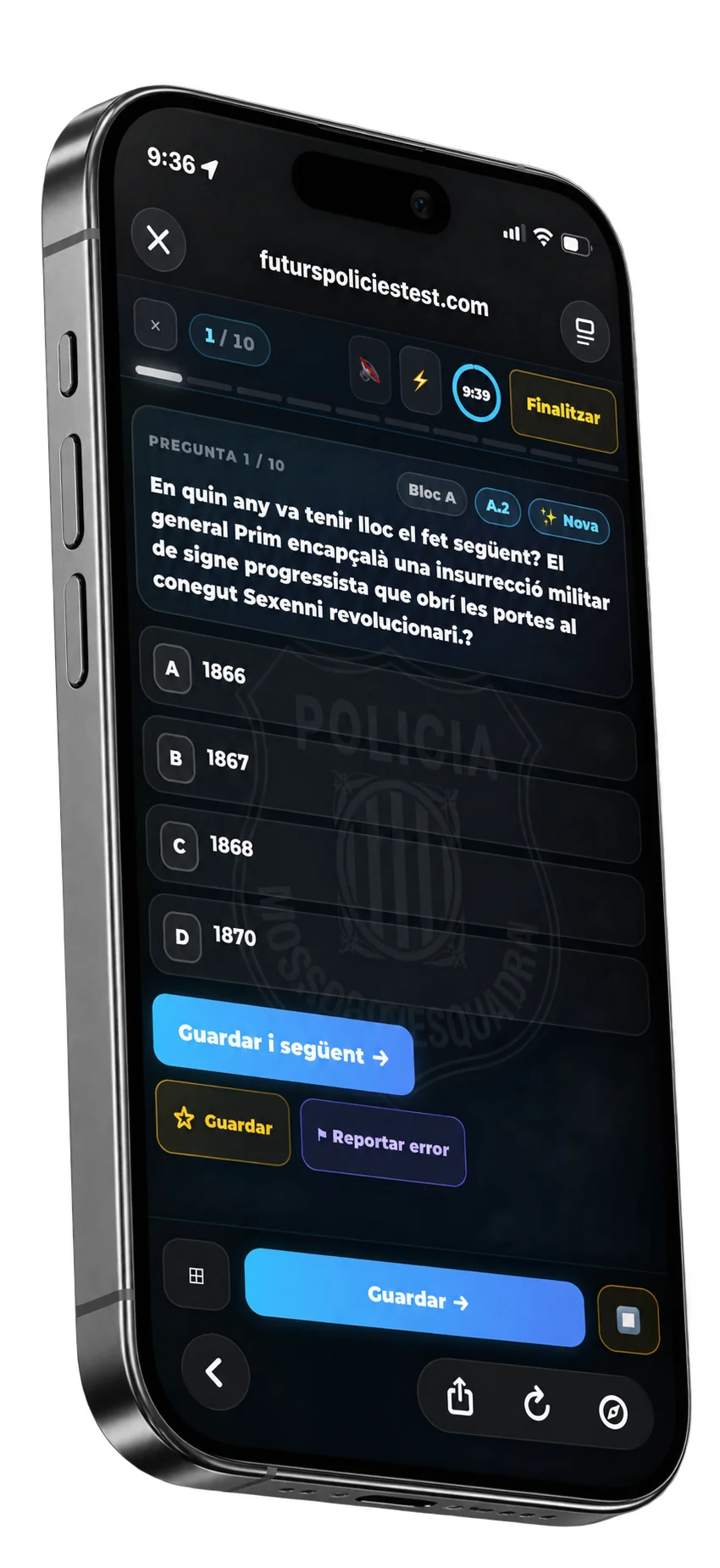 Pregunta d'un test de la plataforma Futurs Policies sobre temari de Mossos d'Esquadra